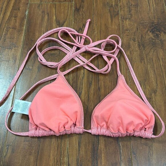 *NWOT Wild Fable Medium Pink Bikini Triangle Top Swim Sparkly Wrap Strappy - Picture 5 of 7